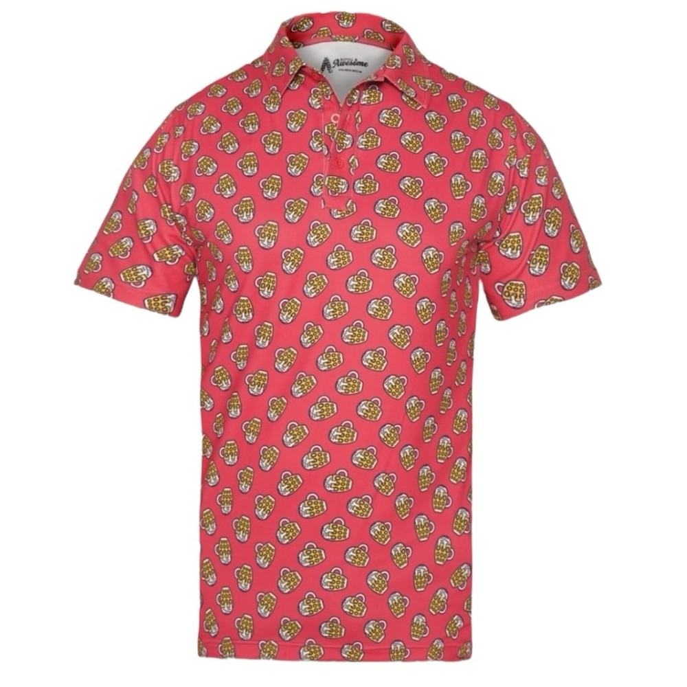 Royal and Awesome Polo Shirt 2XL Red All Over Beer Mugs Print Performance EUC